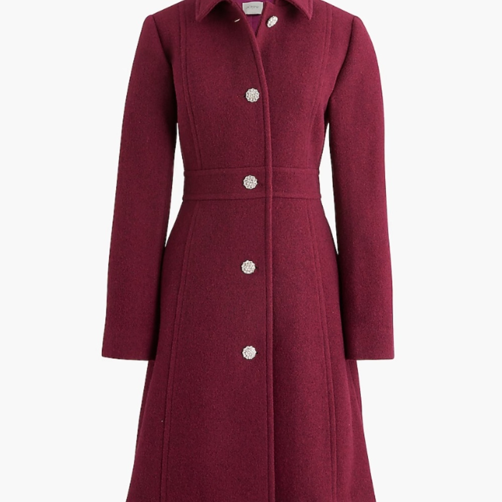 NWT J. Crew Factory Burgundy Lady Day Coat with Jeweled Buttons (Size 12)